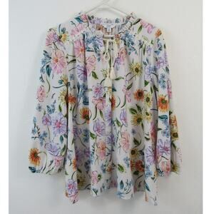 Crown & Ivy XL Multicolor Floral Print V-neck Popover Blouse Top Tassel Ties